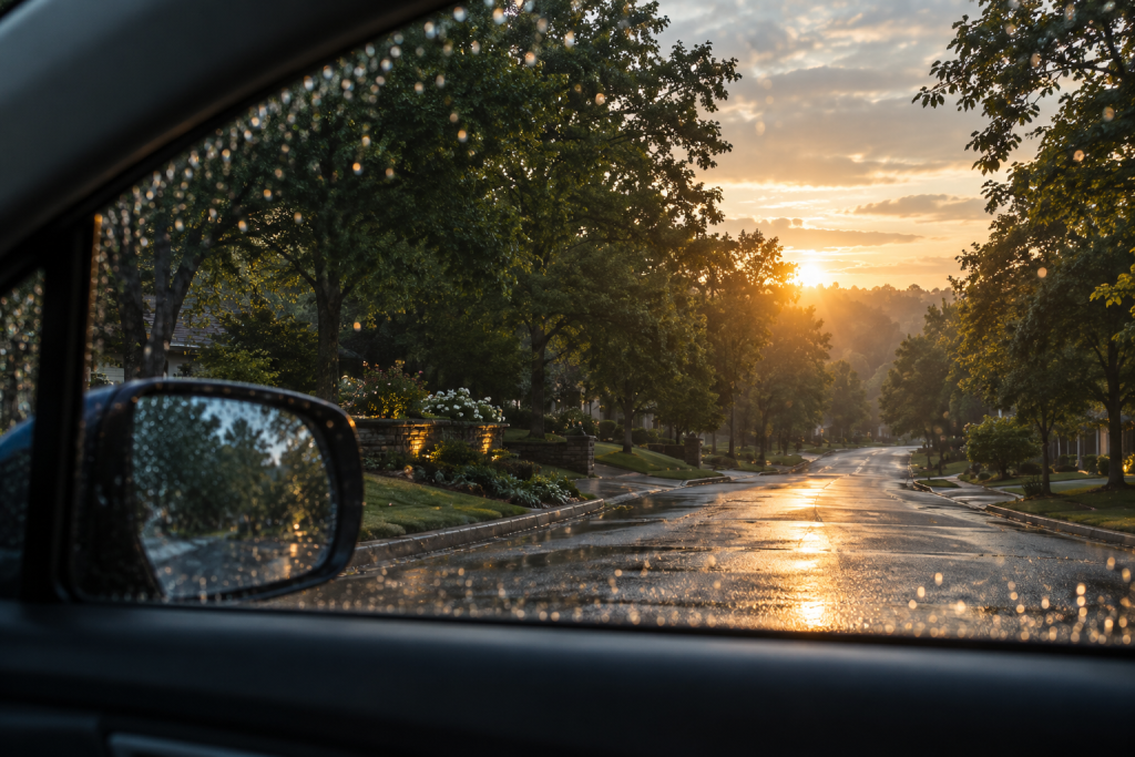Morning sunlight on a quiet street seen through a rain-speckled car window.