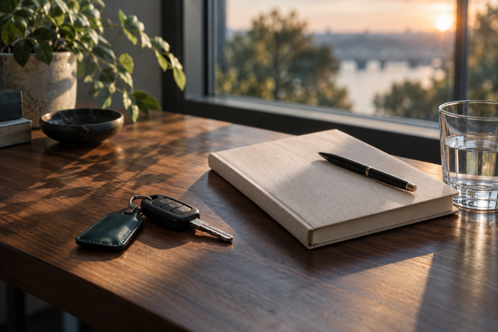 Car keys, a notebook, and a pen on a desk in warm morning light.